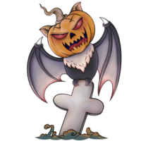 Halloween pumpkin masked bat perched on a grave cross png