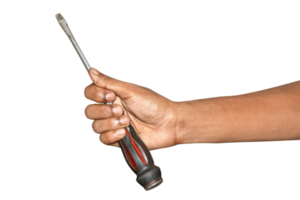 Hand holding screwdriver isolated on ibackground with clipping path. png