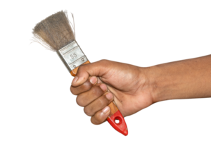 Old used flat paint brush with rust and paint marks isolated on PNG background