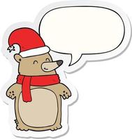 cartoon christmas bear and speech bubble sticker vector