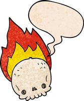 spooky cartoon flaming skull and speech bubble in retro texture style vector