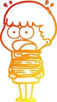 warm gradient line drawing cartoon shocked boy with stack of books vector