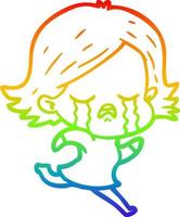 dibujo de línea de gradiente de arco iris niña de dibujos animados llorando mientras corre vector
