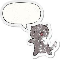 cartoon cat and speech bubble distressed sticker vector