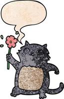 cartoon cat and flower and speech bubble in retro texture style vector