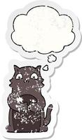 cartoon cat and thought bubble as a distressed worn sticker vector