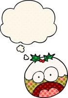 cartoon shocked chrstmas pudding and thought bubble in comic book style vector