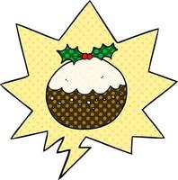 cartoon christmas pudding and speech bubble in comic book style vector