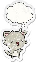 cartoon happy cat and thought bubble as a distressed worn sticker vector