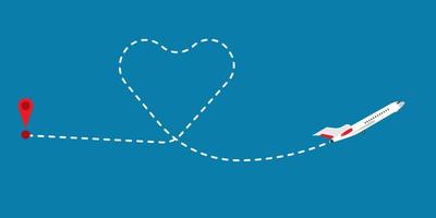 ilustración de vector de avión de vuelo de ruta de ruta de amor. línea corazón traza romántica. negocio jet pista forma punteada diseño vacaciones
