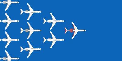Red leader plane business concept vector illustration. Flying direction vision follow group team. Different ambition unique forward