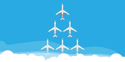 Red leader plane business concept vector illustration. Flying direction vision follow group team. Different ambition unique forward