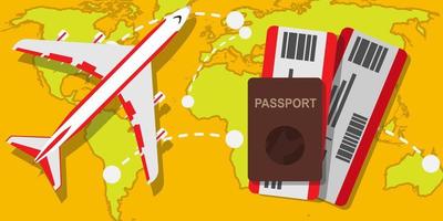 Banner travel airplane vector illustration business. Vacation plane holiday journey. Summer trip around world global with passport , ticket