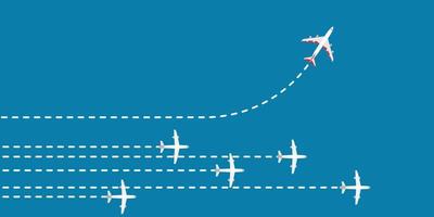 Solución empresarial de concepto de cambio de dirección de avión rojo. vector de estrategia de liderazgo de coraje de manera plana. chorro de trayectoria volando