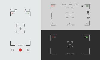 Camera viewfinder set, Screen With Settings And Record. focus zoom, battery status, video quality, image stabilization, vector. EPS 10 vector