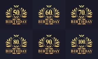 conjunto de logotipo de cumpleaños retro vintage. lujoso paquete de logo de cumpleaños dorado. 50, 60, 70, 80, 90, 100 paquete de logotipos de feliz cumpleaños. vector