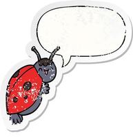 cute cartoon ladybug and speech bubble distressed sticker vector