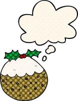 cartoon christmas pudding and thought bubble in comic book style vector