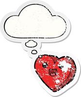 heart cartoon character and thought bubble as a distressed worn sticker vector