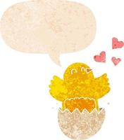 cute hatching chick cartoon and speech bubble in retro textured style vector