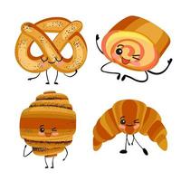 conjunto de personajes de panadería dulce. rollo de croissant, bagel, bollo y galleta. vector