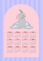 Calendar 2023 with cute rabbits. children s poster. Year of the cat and rabbit. Symbol of 2023. Vector illustration in trendy colors.