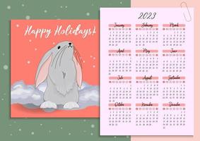 Calendar 2023 with cute rabbits. children s poster. Year of the cat and rabbit. Symbol of 2023. Vector illustration in trendy colors.