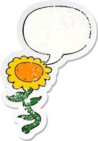 cartoon sunflower and speech bubble distressed sticker vector