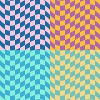 Set of Multi Color Waving Flag Checkers Background Designs. Four Square Checkered Seamless Patterns in Green, Yellow, Purple, Cyan Colors. Modern Dynamic Textures for Digital, Print And Web Design. vector