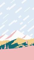primavera en las montañas, cartel vertical de diseño plano. cálida puesta de sol sobre las obras de arte de las colinas rosas, historias 9x16 ilustración vectorial. vector