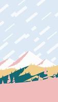 Spring at mountains, flat design vertical poster. Warm sunset over the pink hills artwork, stories 9x16 vector illustration.