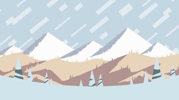 Holiday At The Mountains, Flat Design Horizontal  Poster Artwork. Sunset Over The Winter Hills Poster, Landscape Vector Illustration.