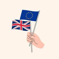Cartoon Hand Holding European Union And Great Britain Flags. EU And United Kingdom Relationships. Concept of Diplomacy, Politics And Democratic Negotiations. Flat Design Isolated Vector.