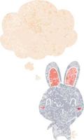 cartoon rabbit waving and thought bubble in retro textured style vector