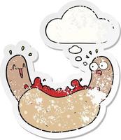 cartoon hotdog and thought bubble as a distressed worn sticker vector