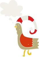 cartoon chicken in funny christmas hat and thought bubble in retro style vector