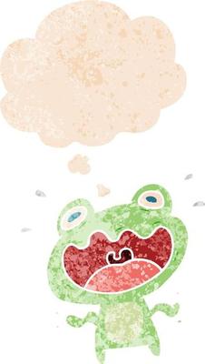 cartoon frog frightened and thought bubble in retro textured style