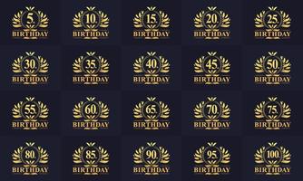 Paquete de logotipos de feliz cumpleaños. conjunto de logotipo de cumpleaños retro vintage. Paquete de logotipos de celebración de cumpleaños 5, 10, 15, 20, 25, 30, 35, 40, 45, 50.