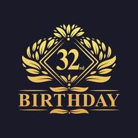 Logotipo de cumpleaños de 32 años, lujosa celebración dorada de 32 cumpleaños. vector