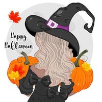 Halloween holiday Beautiful witch holding a pumpkin back view, fashion vector illustration print