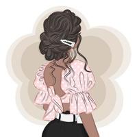 Fashionable brunette in an open back blouse with hairpins, with a stylish hairstyle, print fashion vector illustration