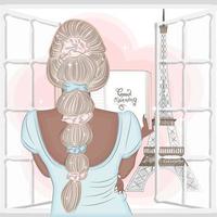 Fashionable blonde reading a book in front of the Eiffel Tower and window, back view, vector illustration