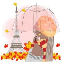 ilustración de otoño, chica con paraguas frente a la torre eiffel, ilustración vectorial vector