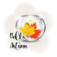 hola hojas de otoño en un recipiente de vidrio con una vela, ilustración vectorial