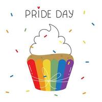 Abstract logo in the form of a cupcake in rainbow wrapping and confetti. Human rights and tolerance. Vector illustration isolated on white background.