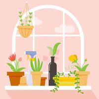 Flowers on the windowsill. Plant seedlings at the window in the apartment. Seedling pots. City green. Vector isolated image.