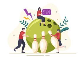 People Play Bowling Game Hand Drawn Cartoon Flat Design Illustration with Pins, Balls and Scoreboards in a Sport Club or Activity Competition vector