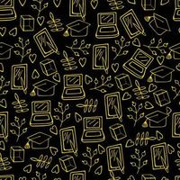 Seamless pattern of yellow school doodles on a black background. vector