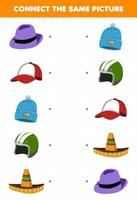 Education game for children connect the same picture of cartoon wearable accessories fedora hat cap beanie helm sombrero printable worksheet vector