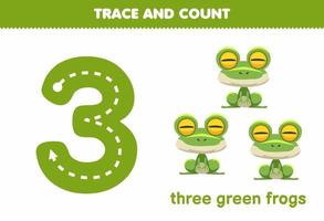 juego educativo para niños rastreando el número tres y contando la hoja de trabajo imprimible de la rana verde animal de dibujos animados lindo vector